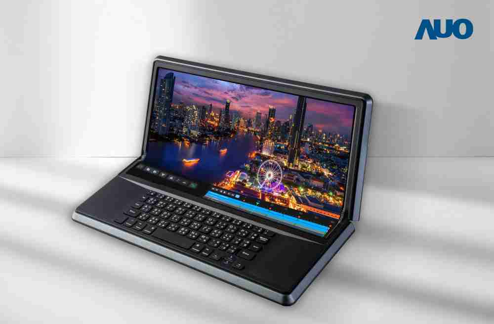 财神娱乐14.6吋Micro LED折迭显示屏幕，，，，搭配半径4mm的弯折绞炼，，，以及高画素、、高亮度、、、、高对比度的显示技术特点，，，即便在大视角下仍保有绝佳色相与亮度